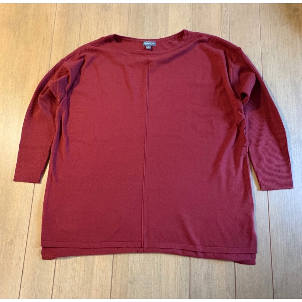 Style & Co Tunic Sweater Womens 2X Burgundy Ribbed Sleeve NWT Minimalist Comfort